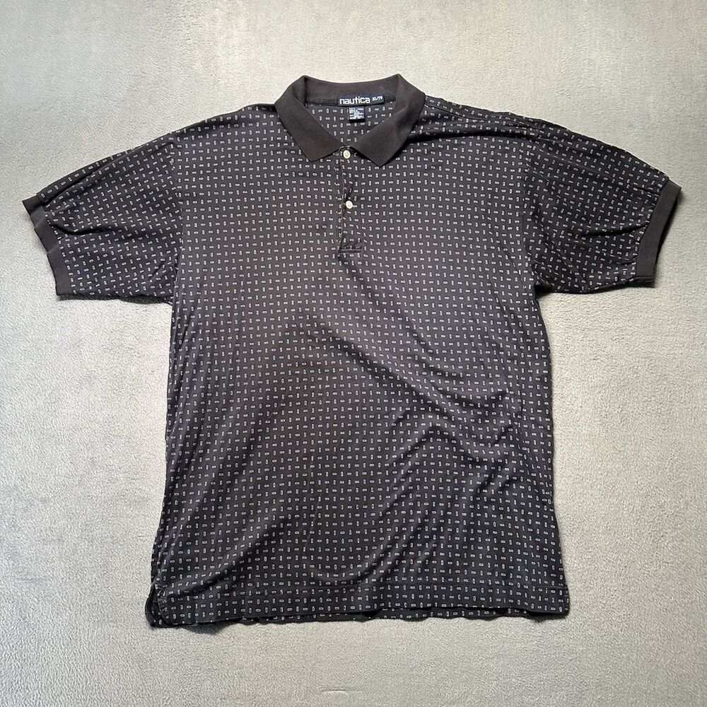 Nautica Men’s XL Golf Polo Shirt Black Geometric Pattern Short Sleeve Cotton
